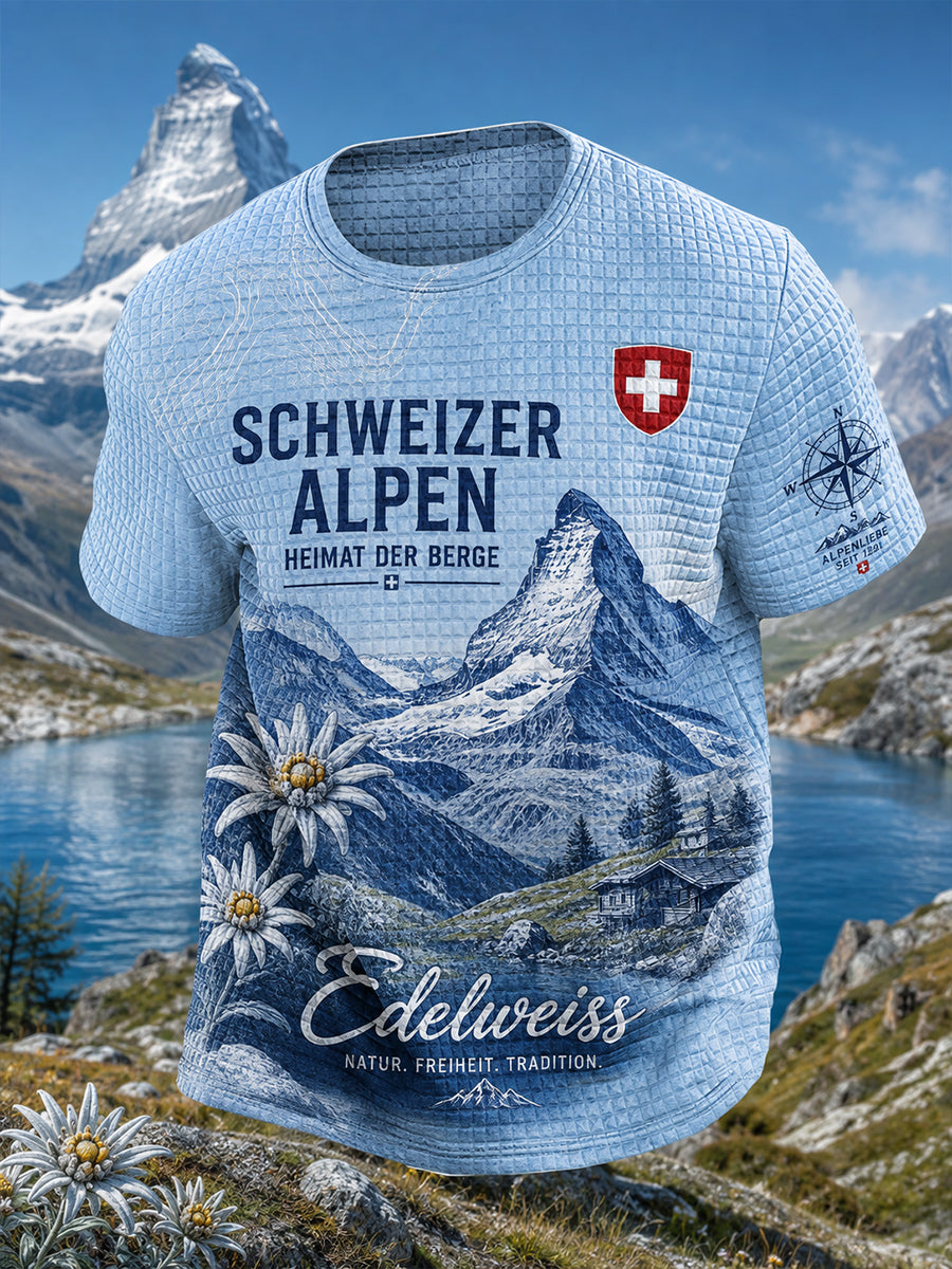 Herren-Waffelstrick-T-Shirt mit kurzen Ärmeln und grafischem Schneeberg-Print