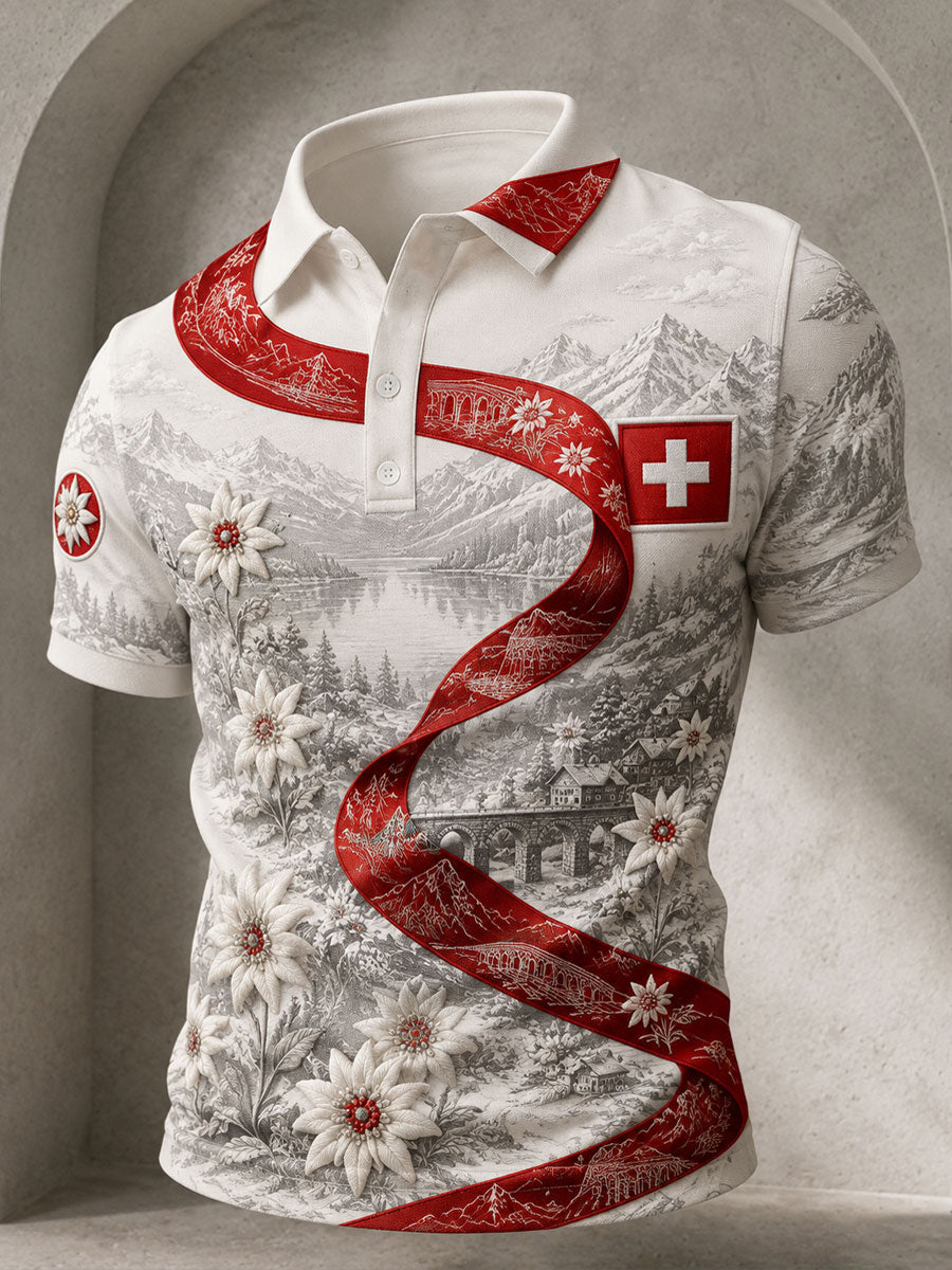 Herren Schweizer Die Alpen Edelweiss Kunst Gedruckte Freizeit-Tops