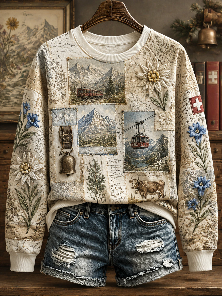 Damen-Sweatshirt mit Schweiz- und Alpen-Motiv sowie Edelweiß-Print