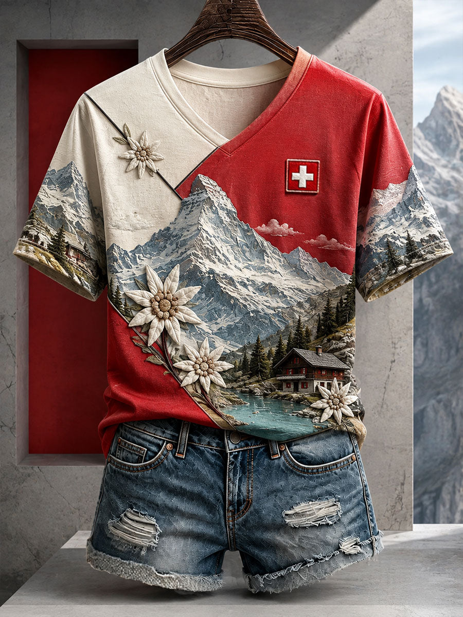 Damen Schweizer Die Alpen Edelweiss Kunst bedrucktes T-Shirt