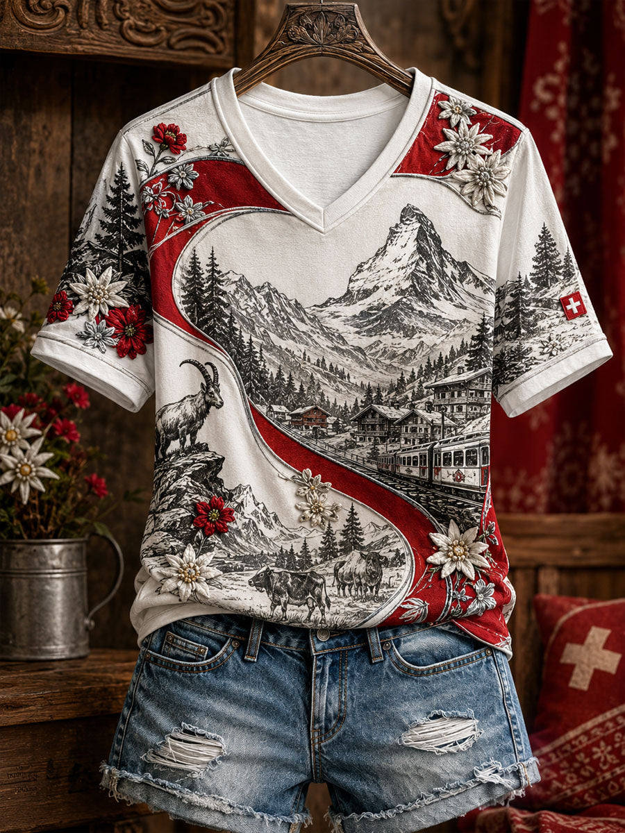 Damen-T-Shirt mit Schweiz- und Alpen-Motiv, Edelweiß-Print