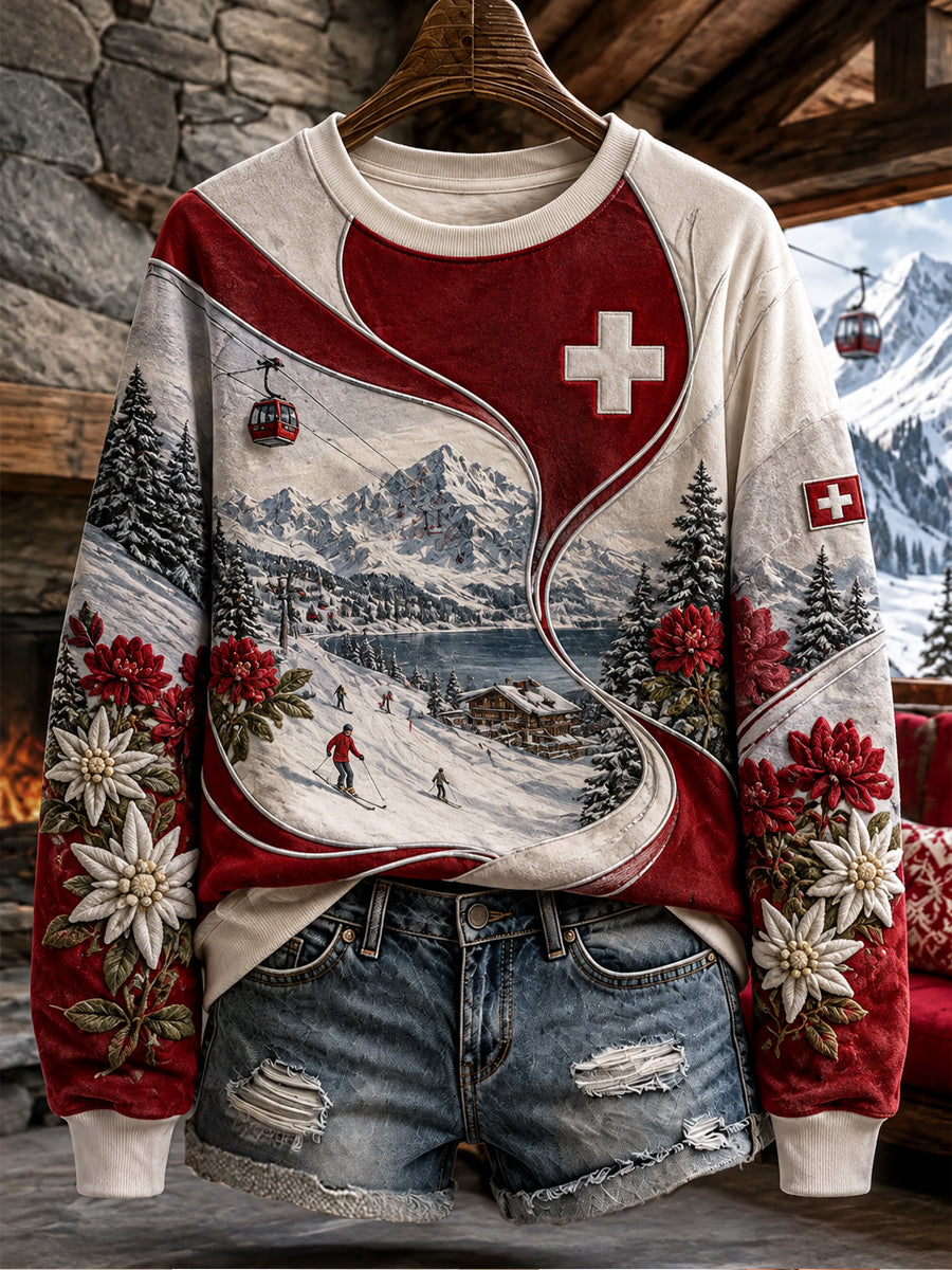 Damen-Sweatshirt mit Schweiz- und Alpen-Motiv sowie Edelweiß-Print