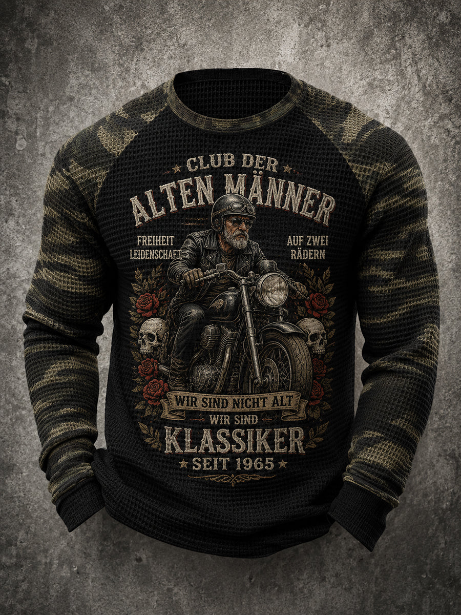 Männer "Old Men's Club" Waffel-Strick-Raglan Langarm-T-Shirt mit Grafik druck