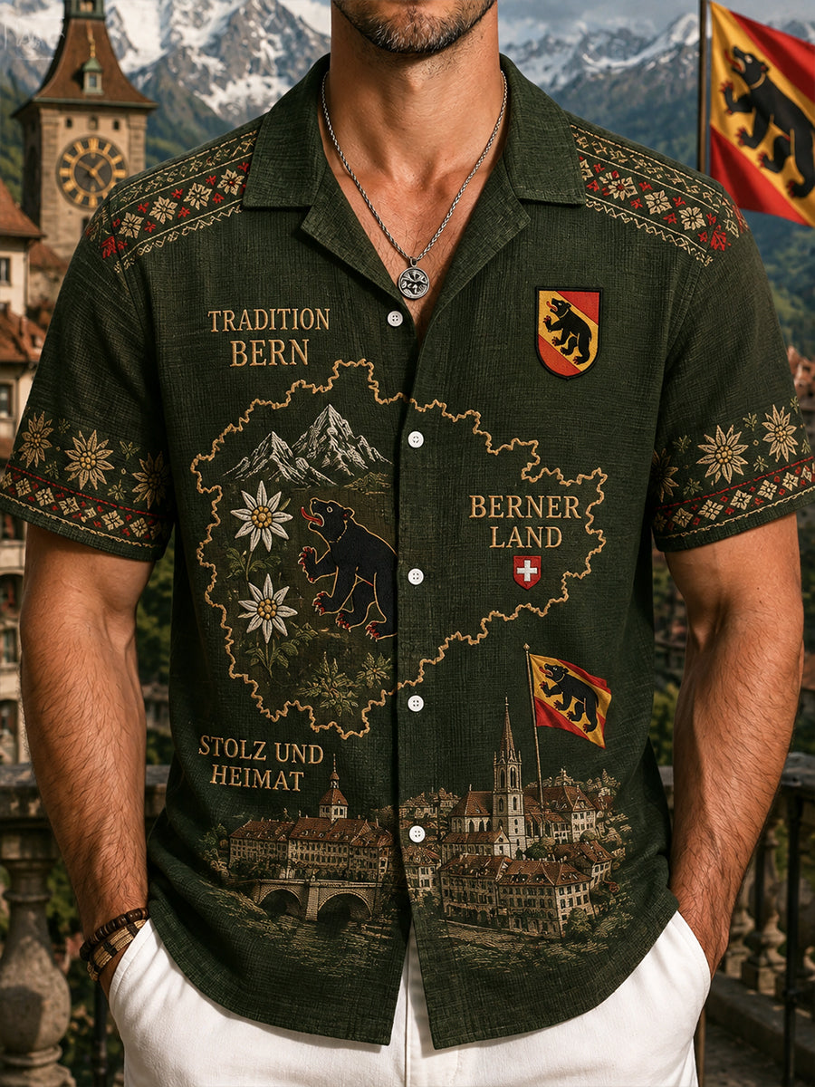 Herren-Shirt aus Waffelstrick mit kurzen Ärmeln und Aufdruck im Urban-Souvenir-Stil