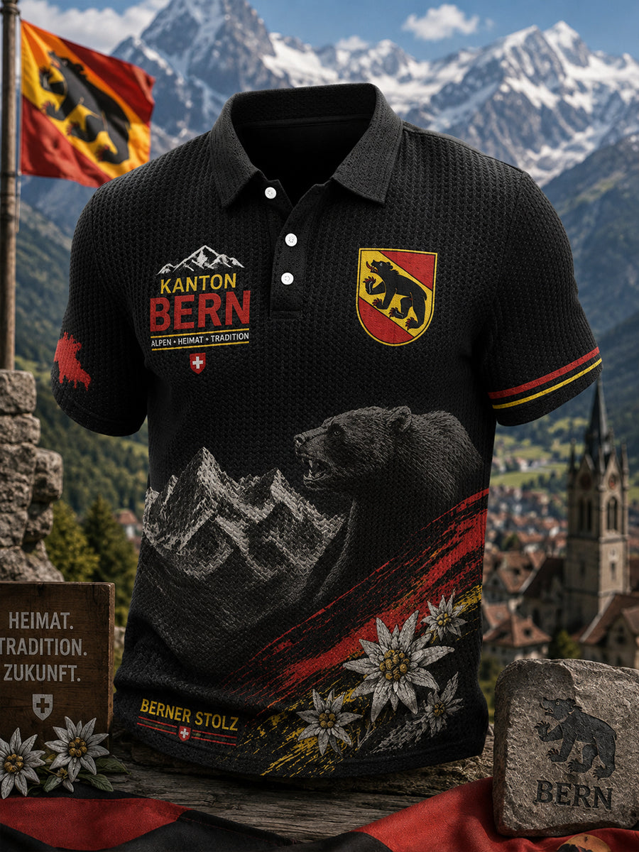 Herren-Poloshirt mit städtischem Grafik-Design, kurzärmelig und aus Waffelstrick