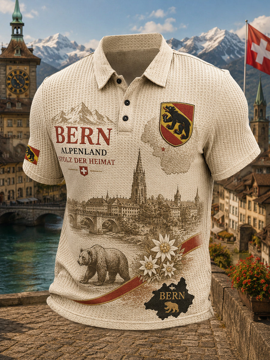 Herren-Poloshirt mit städtischem Grafik-Design, kurzärmelig und aus Waffelstrick