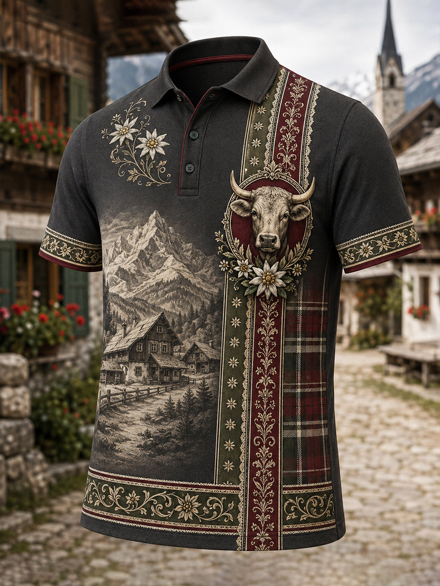 Herren-Polo mit kulturellen Elementen Österreichs, kunstvoller Motivdruck, lässiger Stil