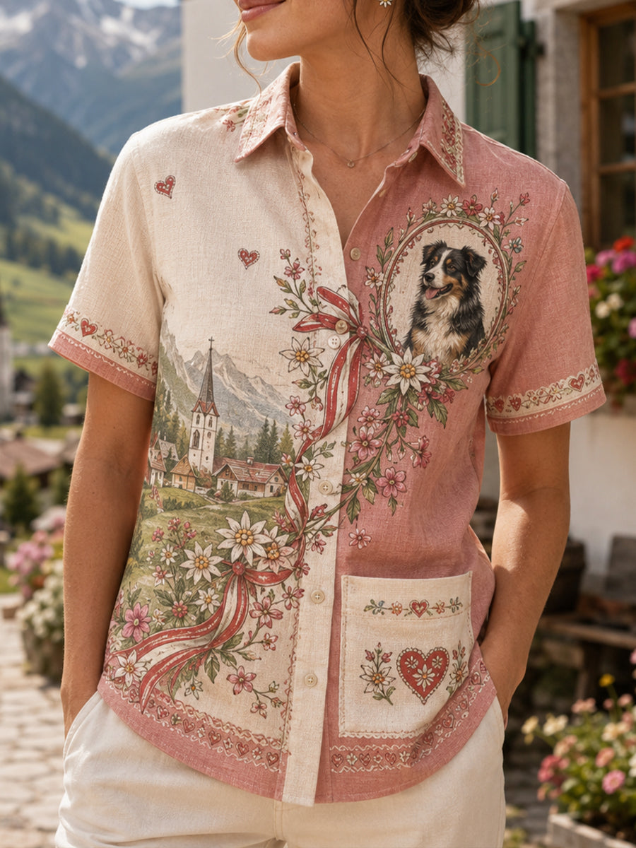 Damen-Kurzarm-Kunstdruck im österreich ischen Country-Stil
