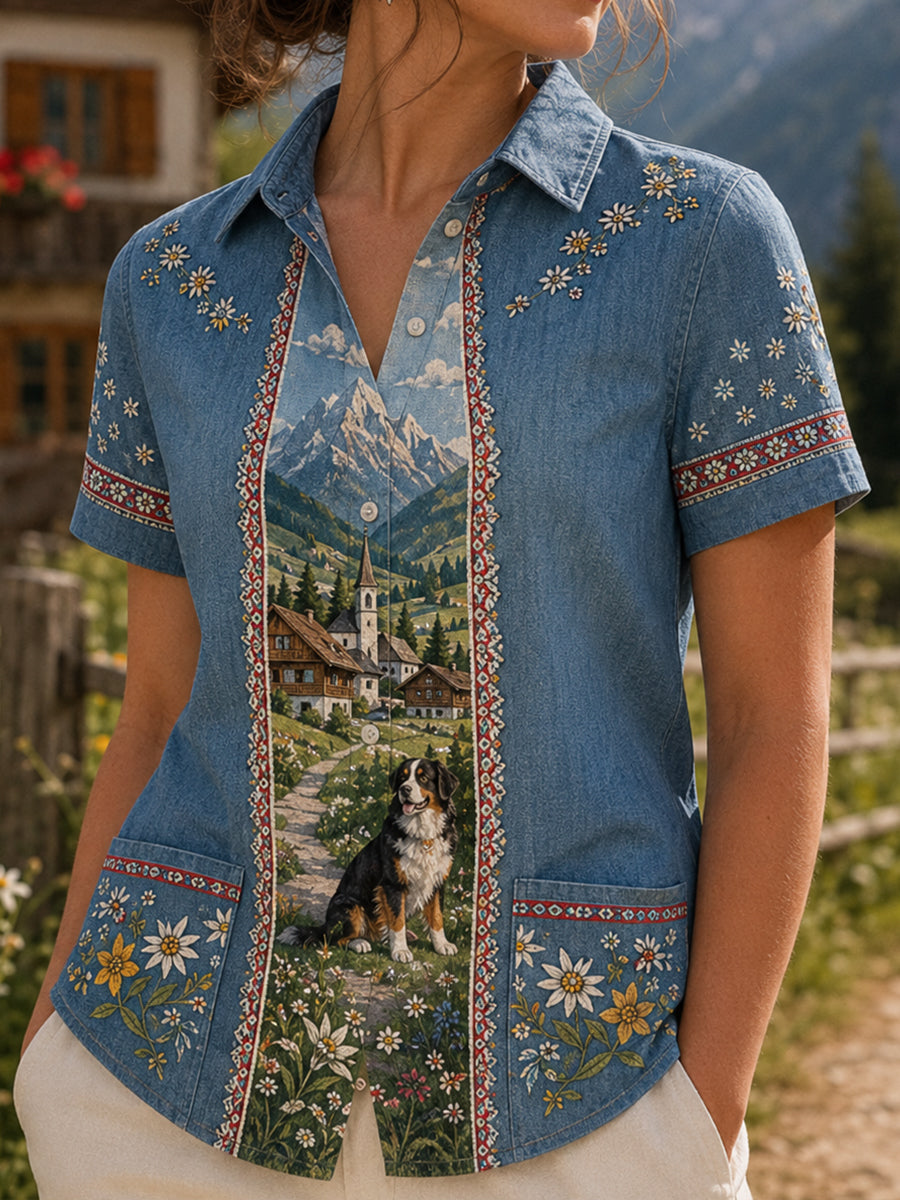 Damen-Hemd im österreichischen Landhausstil, Kunstdruck, lässig, Kurzarm