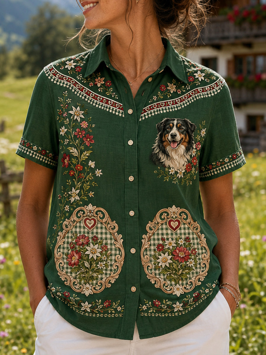Damen-Hemd im österreichischen Landhausstil, Kunstdruck, lässig, Kurzarm
