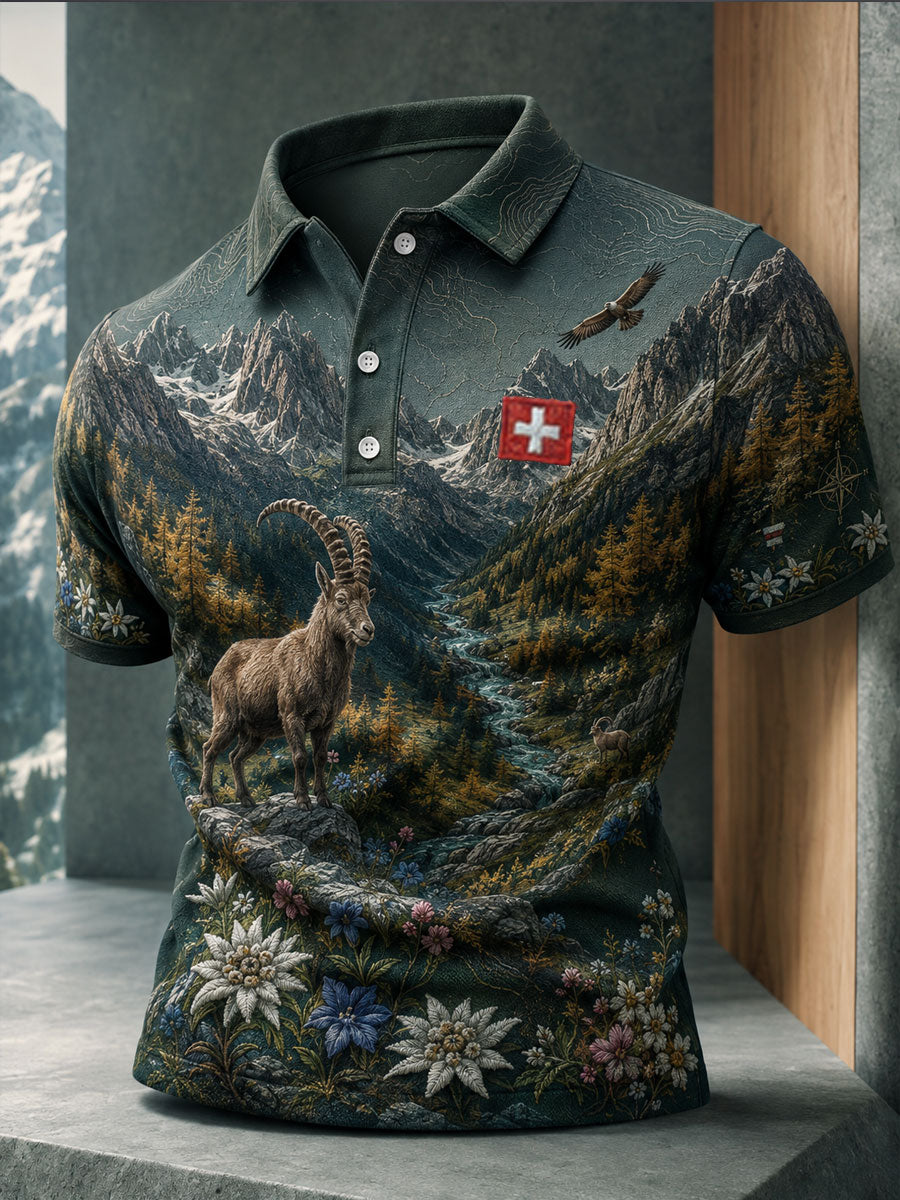 Herren-Schweizer Edelweiß-Alpen-Kunstdruck-Lässig-Oberteil