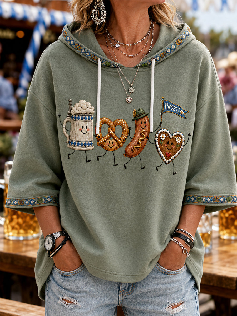 Oktoberfest der Frauen: Prost! Bedruckter Freizeit-Kapuzenpullover mit 3/4-Ärmeln