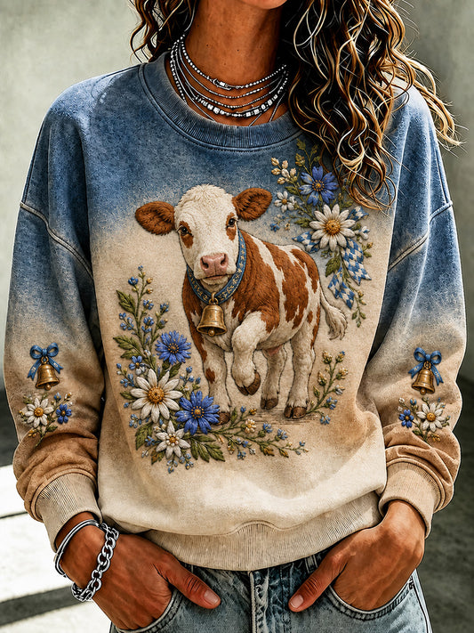 Damen-Kapuzenpullover im Cottagecore-Stil mit Blumenmuster und Kuhprint, kurze Ärmel