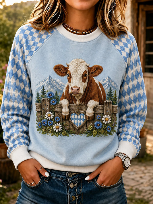 Damen-Sweatshirt mit Blumen-Cottagecore-Kuh-Print-Kurzarm