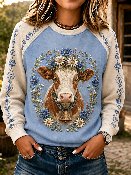 Damen-Kapuzenpullover im Cottagecore-Stil mit Blumenmuster und Kuhprint, kurze Ärmel