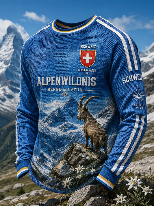Herren-T-Shirt mit langen Ärmeln aus Waffel-Strick-Raglan mit Snowy-Mountain-Grafik druck