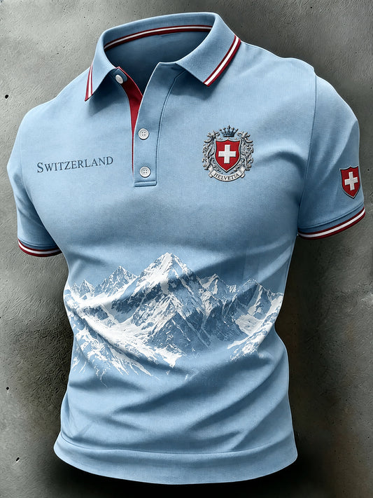Kurzarm-Polo-Shirt für Herren mit verschneiten Berg-Gedenk grafik
