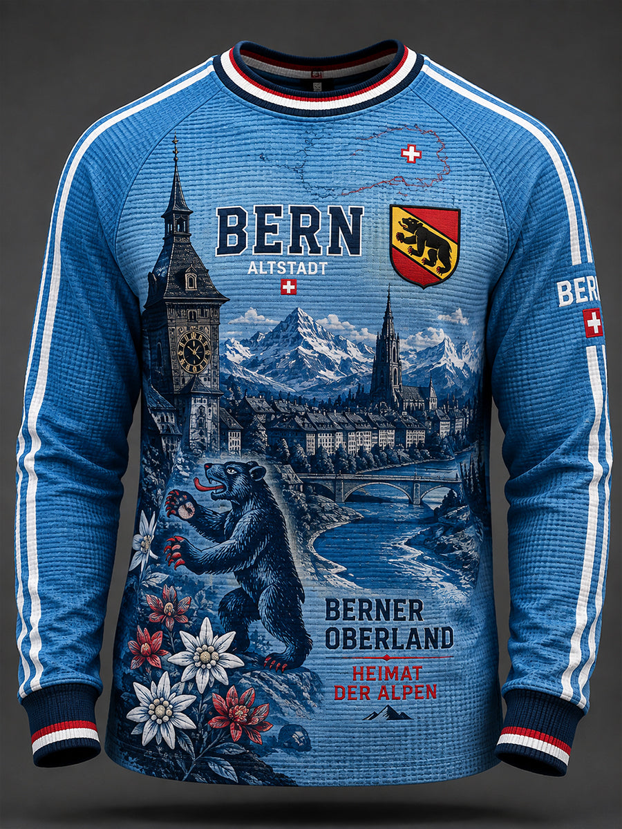 Herren Retro-Stadt-Themen-Grafik-Waffel-Strick-Raglan-Langarm-Oberteil