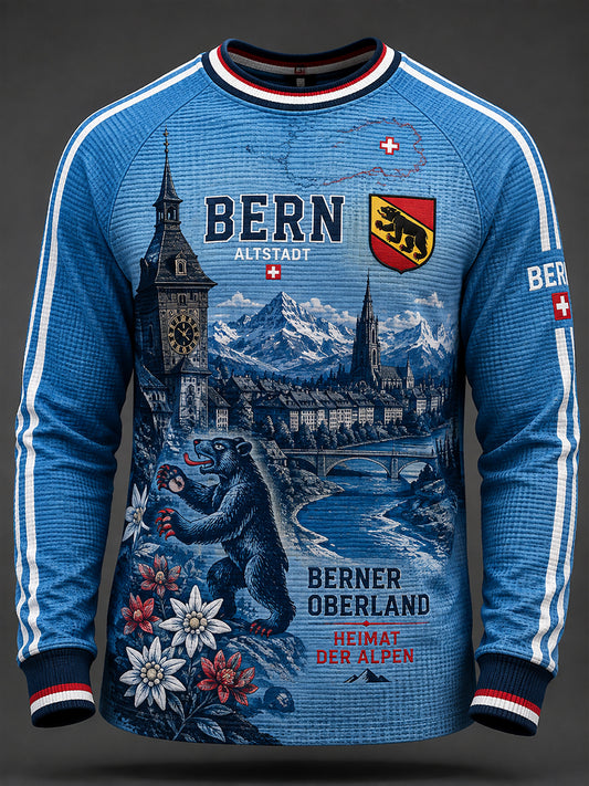 Herren Retro-Stadt-Themen-Grafik-Waffel-Strick-Raglan-Langarm-Oberteil