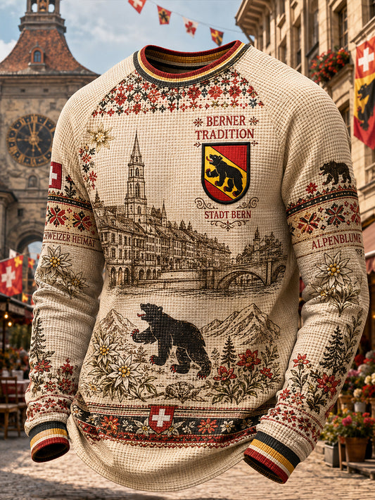 Herren-Graphic-Top im Retro-City-Stil, Raglan-Design, Langarm, Waffelstrick