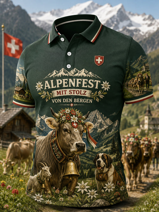 Herren-Kurzarm-Polo-Shirt mit Vintage-Lauf der Bullen-Print