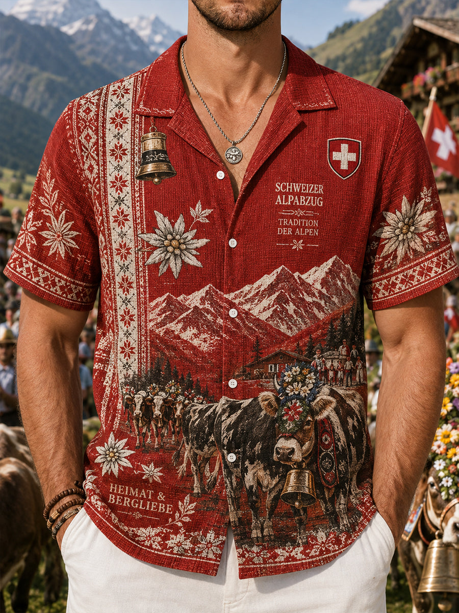 Herren-Vintage-Waffel-Strick-Kurzarm-Hemd mit Cattle Drive Festival-Grafik druck