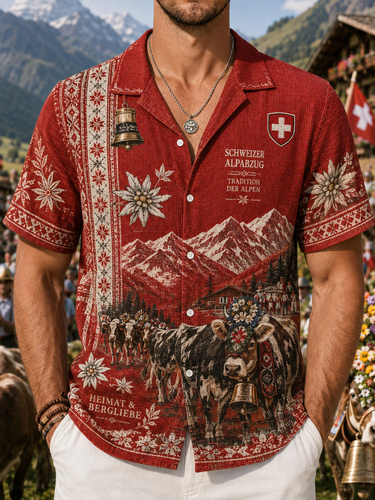 Herren-Vintage-Waffel-Strick-Kurzarm-Hemd mit Cattle Drive Festival-Grafik druck