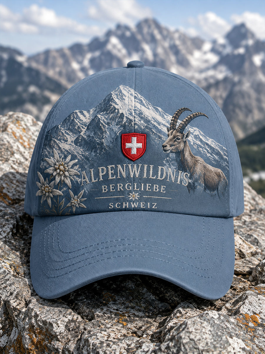 Hut mit schnee bedeckter Berg grafik druck