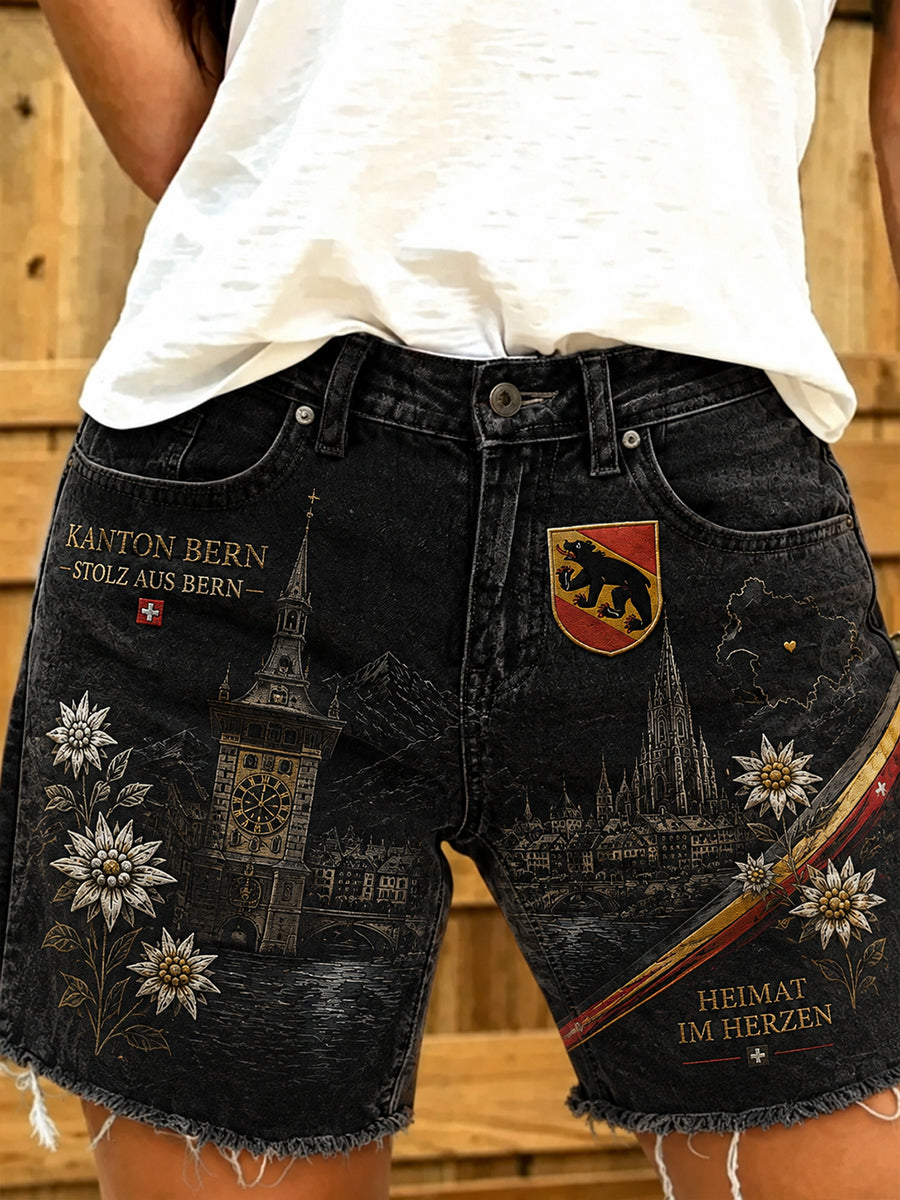 Damen-Jeans-Shorts mit City-Souvenir-Print