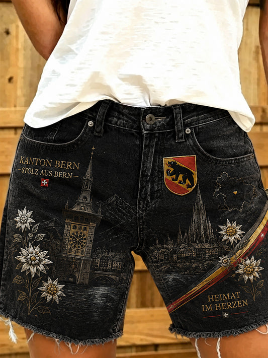 Damen-Jeans-Shorts mit City-Souvenir-Print
