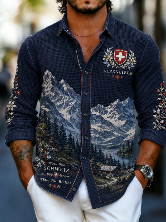 Langarm-Waffel-Strick hemd für Herren mit Mountain Print