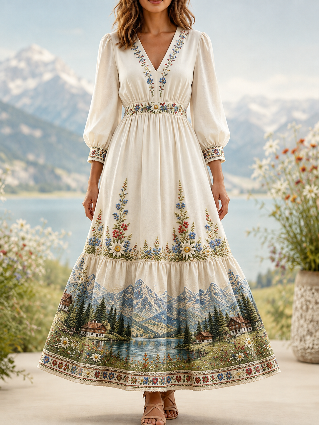 Frauen Österreich ische ländliche Kultur Retro Casual Baumwoll-Leinen kleid