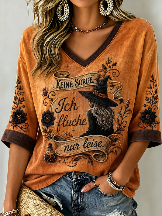 Damen-Halloween-Print Mittellange Ärmel V-Ausschnitt T-Shirt