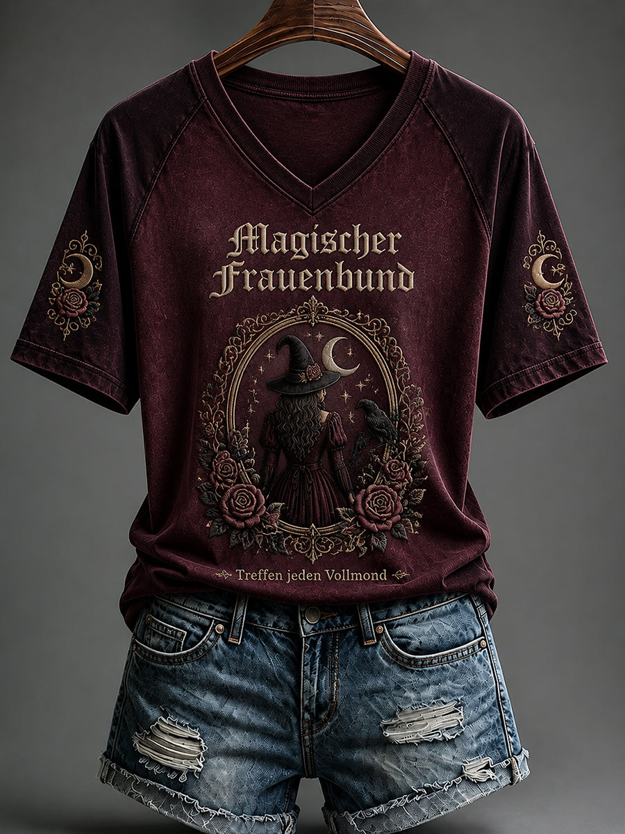 Frauen Halloween Hexen Print T-Shirt mit V-Ausschnitt