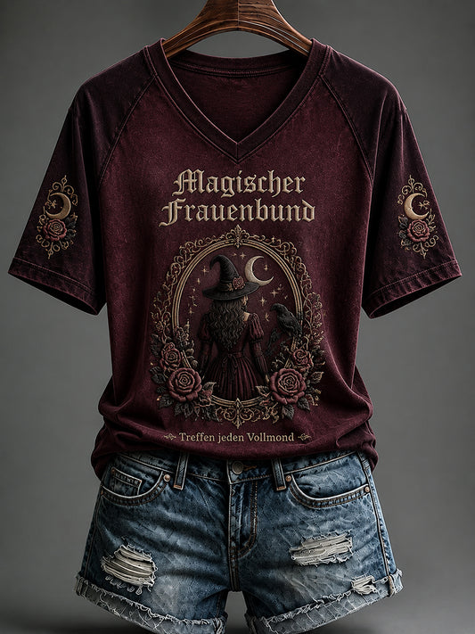 Frauen Halloween Hexen Print T-Shirt mit V-Ausschnitt