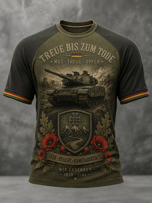Herren-Vintage-Raglan-T-Shirt mit Veteranen-Print und kurzen Ärmeln
