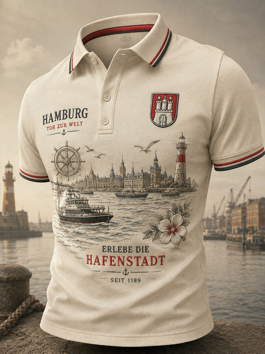 Herren-Poloshirt mit kurzen Ärmeln und urbanem, erinnerungsträchtigem Grafikdruck