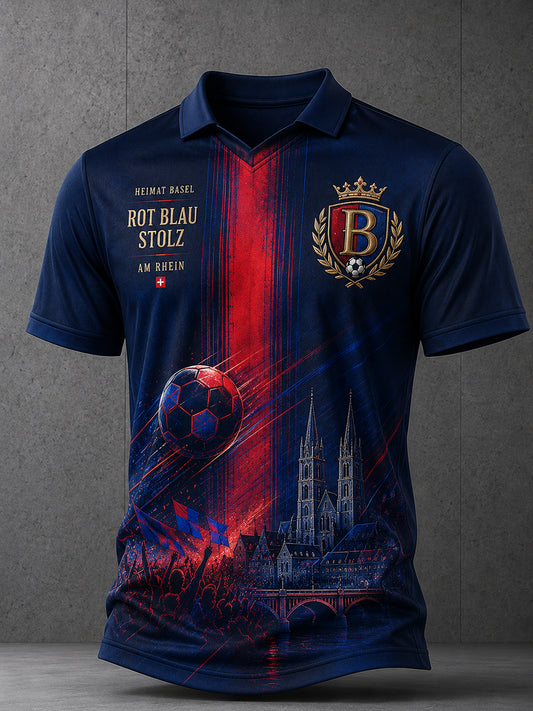 Herren-Poloshirt mit kurzen Ärmeln und fußballinspiriertem Print