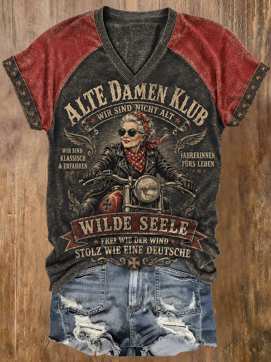 Frauen Vintage Slogan Print Raglan-Ärmel V-Ausschnitt T-Shirt