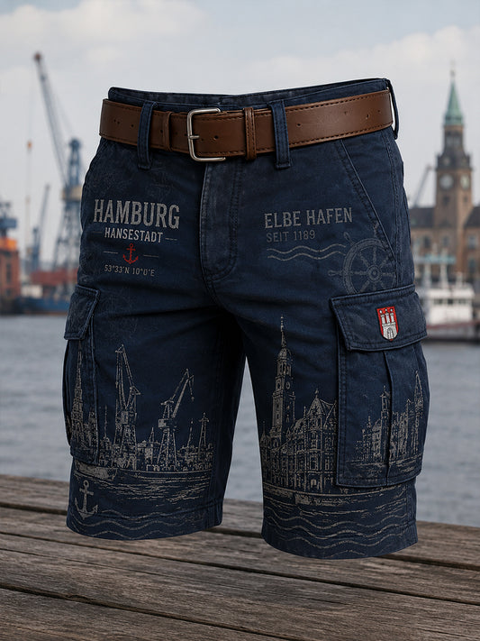 Herren-Kurz-Cargohose im Retro-Stil mit städtischem Grafikdruck
