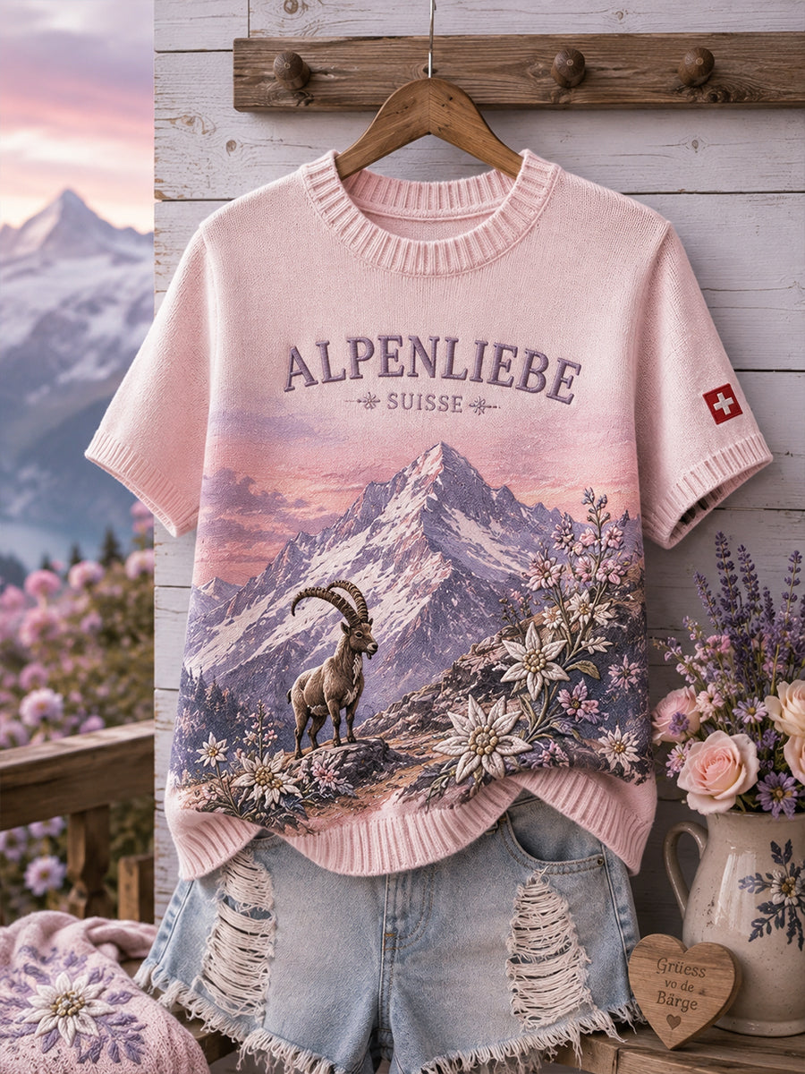 Kurzärmeliges Strick-T-Shirt für Damen mit Blumenmuster