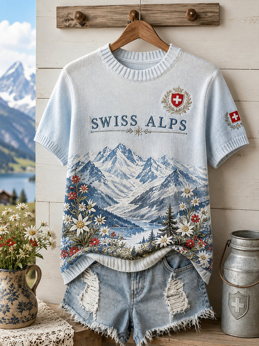 Kurzärmeliges Strick-T-Shirt für Damen mit Blumenmuster