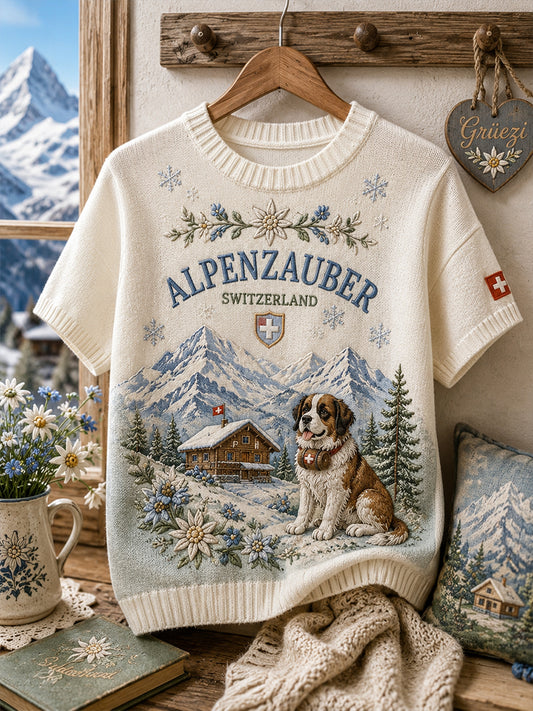 Kurzärmeliges Strick-T-Shirt für Damen mit Blumenmuster