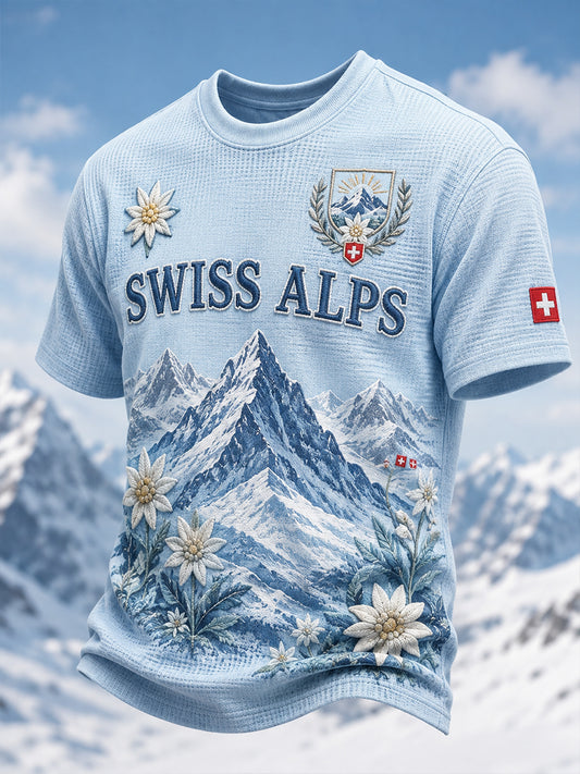 Herren-T-Shirt aus Waffelstrick mit Blumenmuster und kurzen Ärmeln