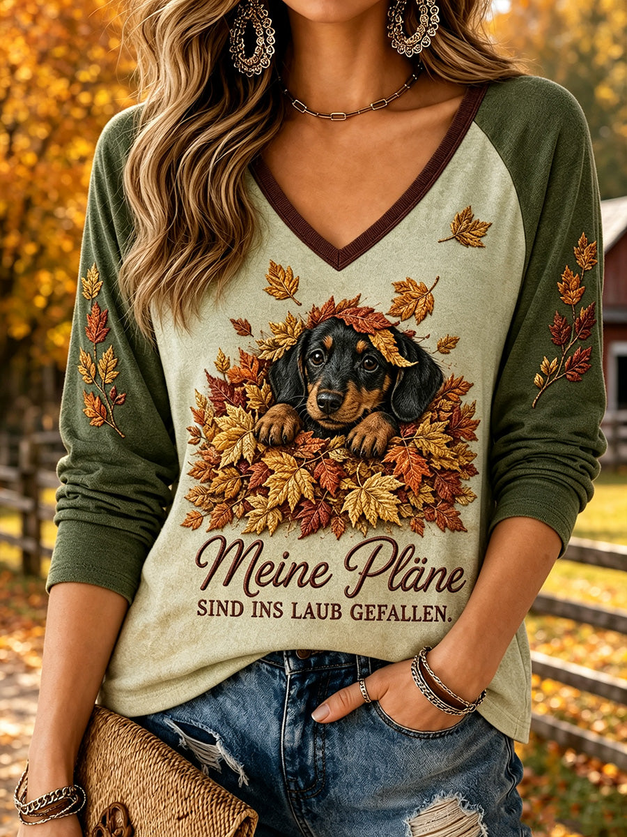 Damen Herbst Vibe Bedrucktes T-Shirt mit V-Ausschnitt Langarm