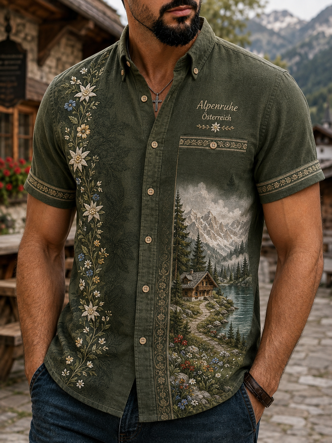 Herren-Hemd mit kurzen Ärmeln im österreichischen Landhausstil