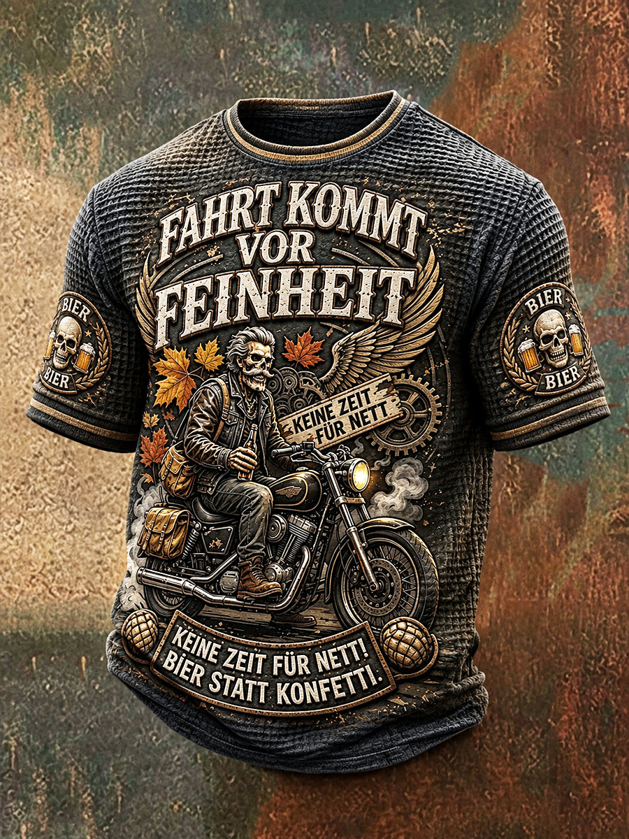 Herren Retro Deutsches Bier Motorrad Print Lässiges Waffel-T-Shirt