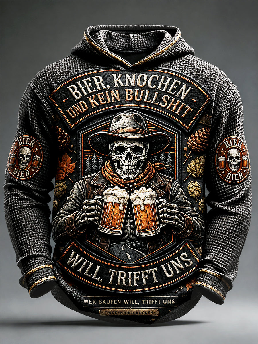 Herren Retro Deutsches Bierschädel-Print Lässiges Waffel-Sweatshirt mit Kapuze