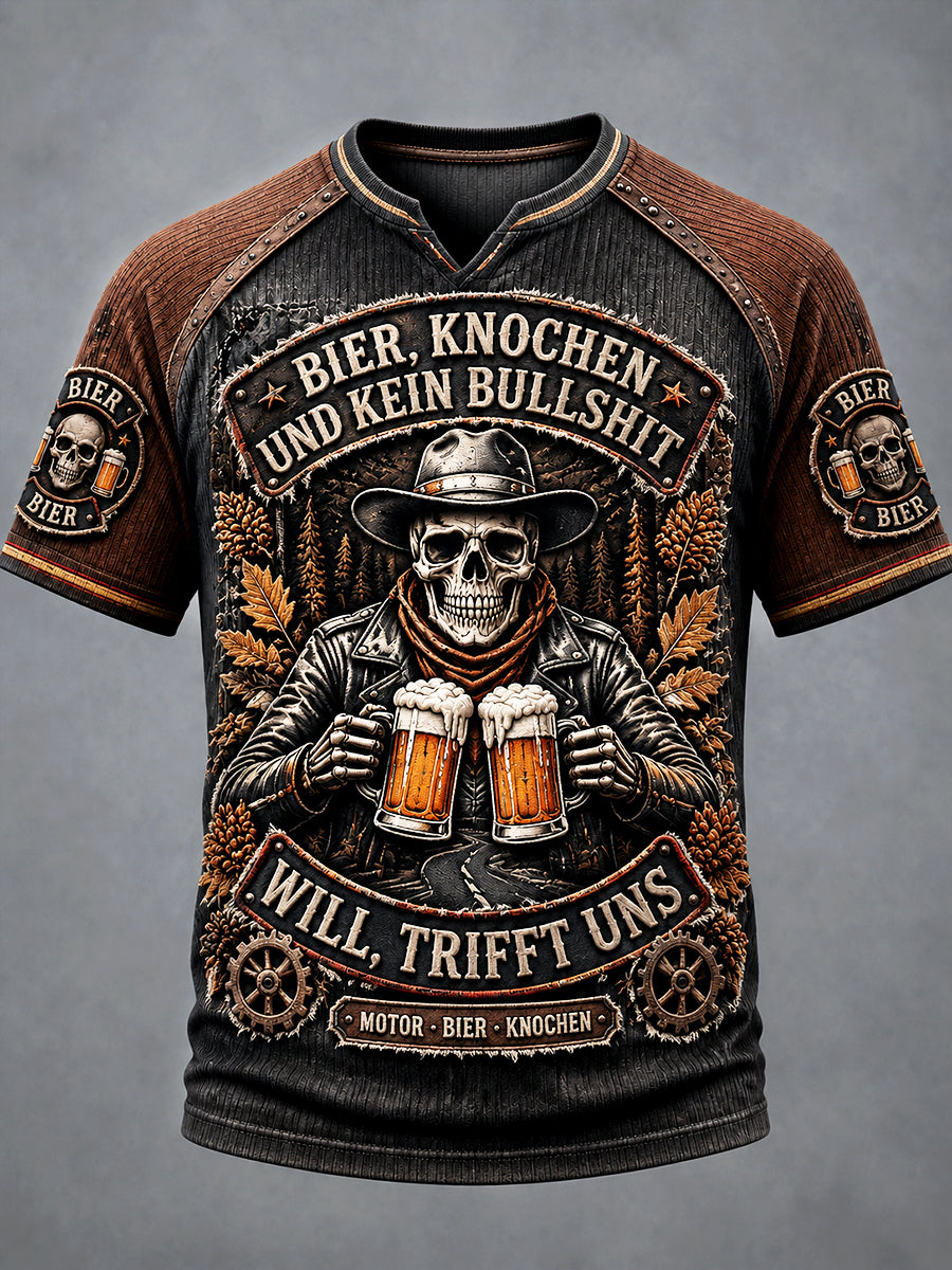 Herren Retro Deutsches Bierschädel-Print Lässiges T-Shirt mit V-Ausschnitt