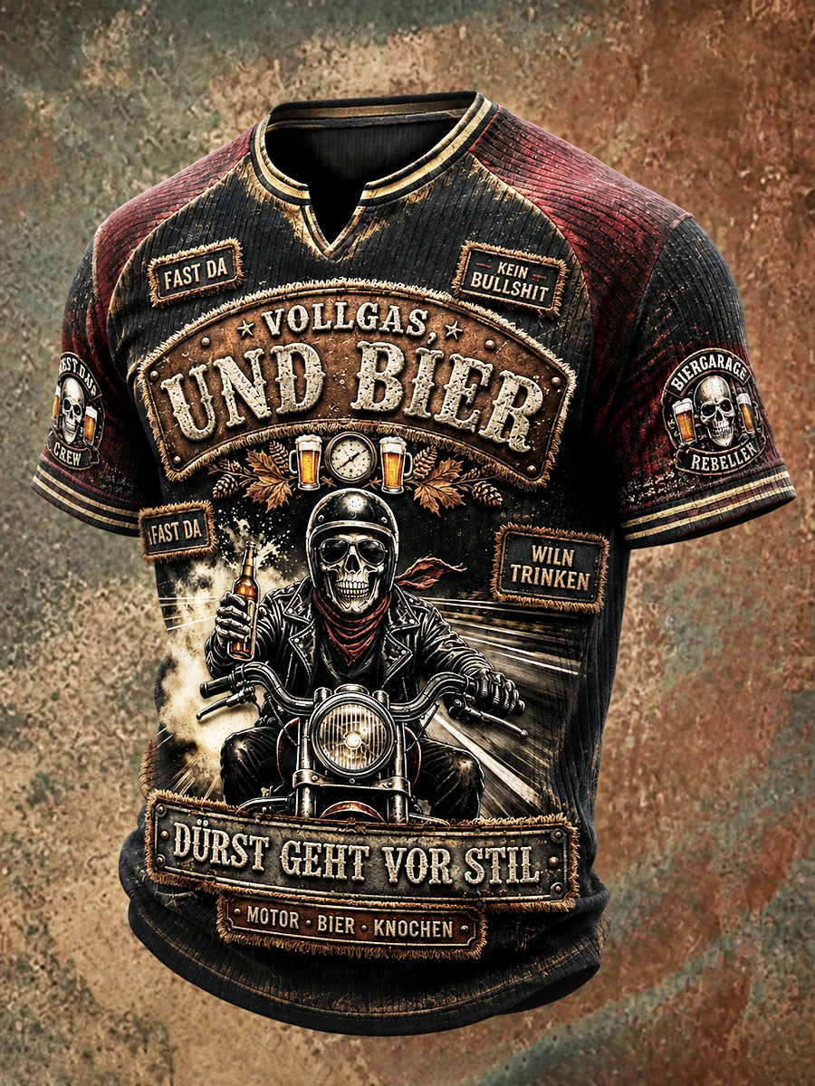 Herren Vintage Deutsches Bier Motorrad Print Freizeit T-Shirt mit V-Ausschnitt